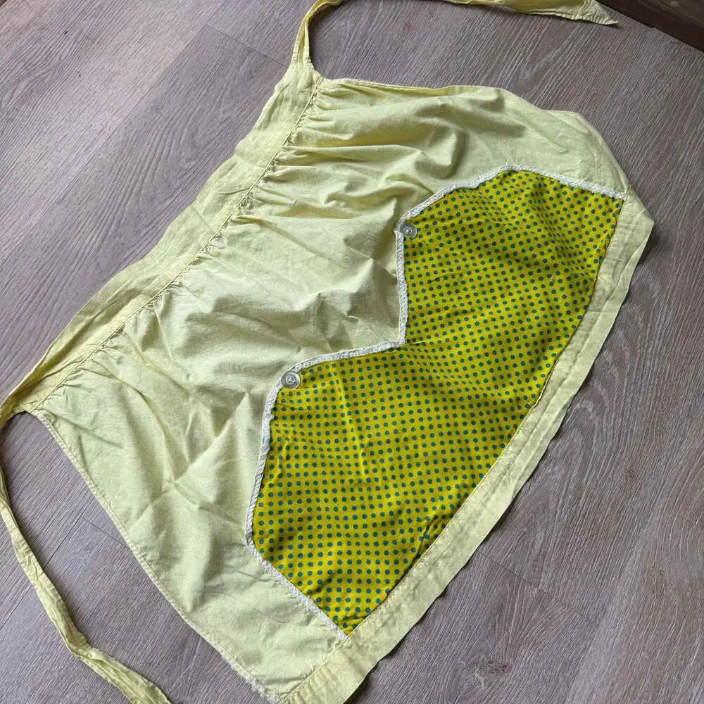 Vintage Yellow Half Apron with Polka Dot Pocket and Scalloped Trim